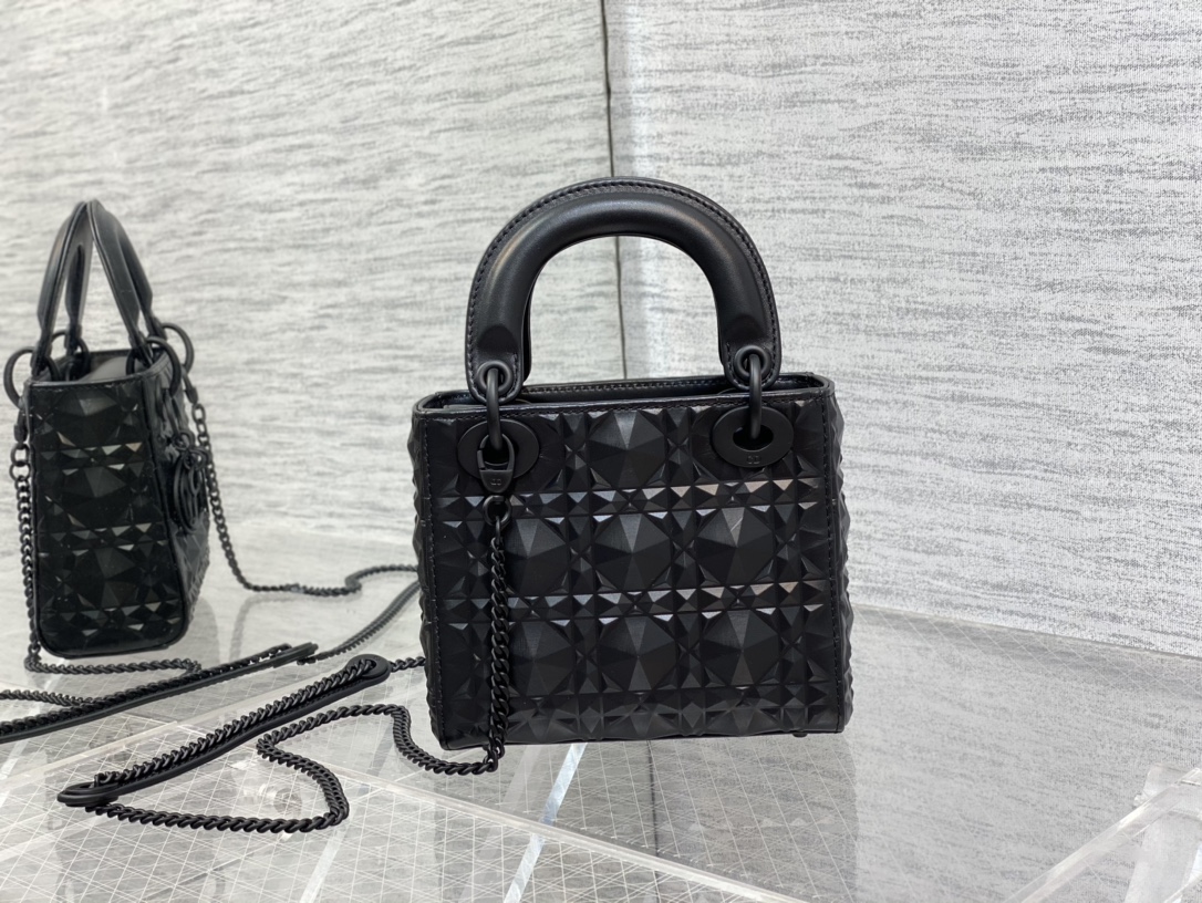 Mini Lady Dior Bag Black Cannage Calfskin with Diamond Motif